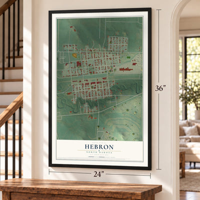 Hebron, North Dakota map, 24 x 36 inch print in a black frame by a staircase