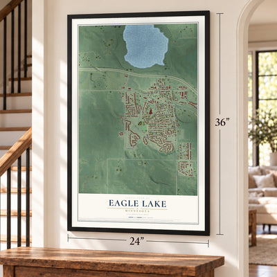 Eagle Lake, Minnesota map, 24 x 36 inch print in a black frame by a staircase