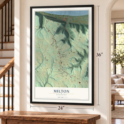 Milton, Kentucky map, 24 x 36 inch print in a black frame by a staircase