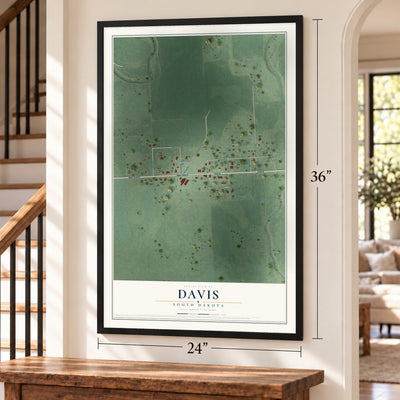 Davis, South Dakota map, 24 x 36 inch print in a black frame by a staircase
