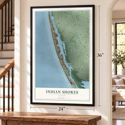 Indian Shores, Florida map, 24 x 36 inch print in a black frame by a staircase