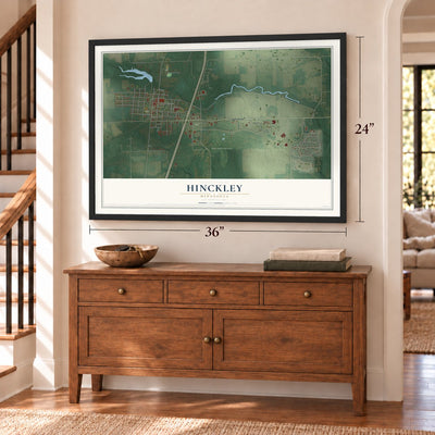 Hinckley, Minnesota map, 24 x 36 inch print in a black frame above a dresser by a staircase