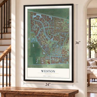 Weston, Florida map, 24 x 36 inch print in a black frame by a staircase