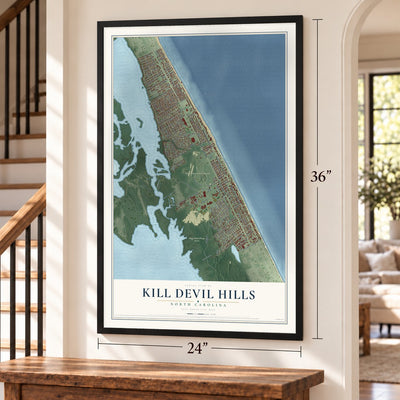 Kill Devil Hills, North Carolina map, 24 x 36 inch print in a black frame by a staircase