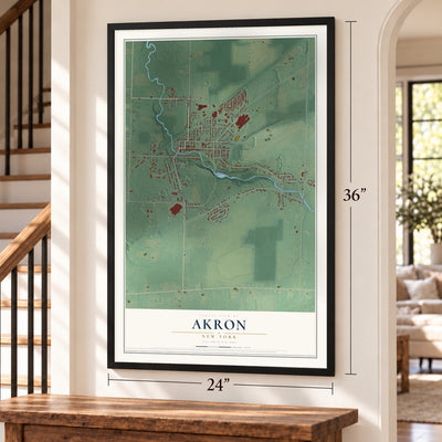 Akron, New York map, 24 x 36 inch print in a black frame by a staircase