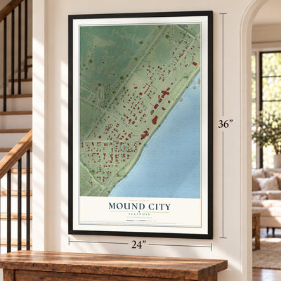 Mound City, Illinois map, 24 x 36 inch print in a black frame by a staircase