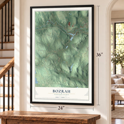 Bozrah, Connecticut map, 24 x 36 inch print in a black frame by a staircase