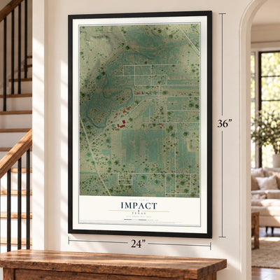 Impact, Texas map, 24 x 36 inch print in a black frame by a staircase