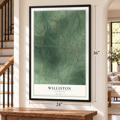 Williston, Tennessee map, 24 x 36 inch print in a black frame by a staircase