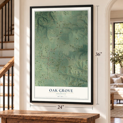 Oak Grove, Arkansas map, 24 x 36 inch print in a black frame by a staircase