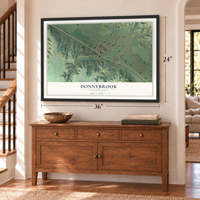 Donnybrook, North Dakota map, 24 x 36 inch print in a black frame above a dresser by a staircase