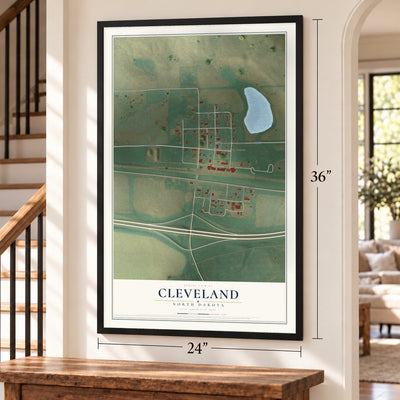 Cleveland, North Dakota map, 24 x 36 inch print in a black frame by a staircase