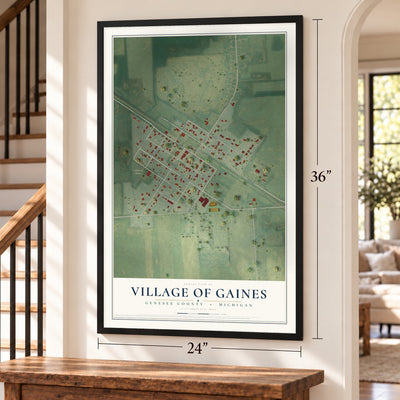 Gaines, Michigan map, 24 x 36 inch print in a black frame by a staircase