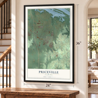 Priceville, Alabama map, 24 x 36 inch print in a black frame by a staircase