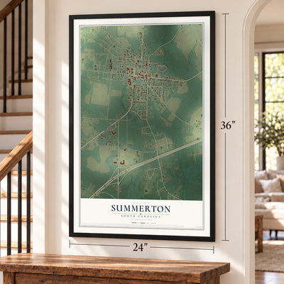 Summerton, South Carolina map, 24 x 36 inch print in a black frame by a staircase