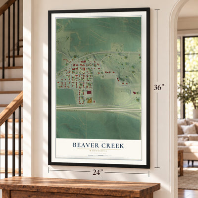 Beaver Creek, Minnesota map, 24 x 36 inch print in a black frame by a staircase