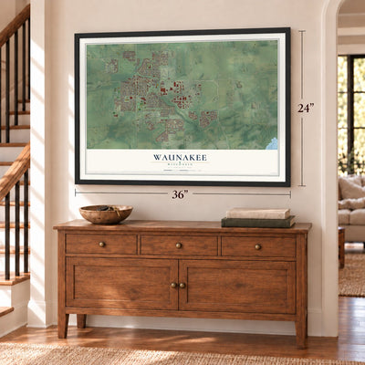 Waunakee, Wisconsin map, 24 x 36 inch print in a black frame above a dresser by a staircase