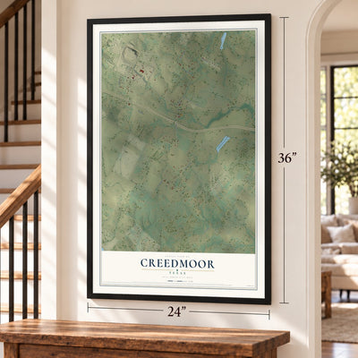 Creedmoor, Texas map, 24 x 36 inch print in a black frame by a staircase