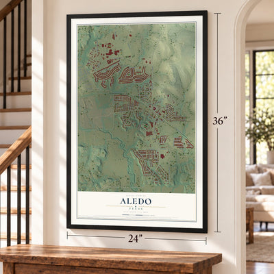 Aledo, Texas map, 24 x 36 inch print in a black frame by a staircase