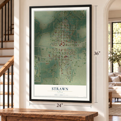 Strawn, Texas map, 24 x 36 inch print in a black frame by a staircase