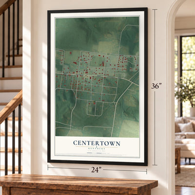 Centertown, Kentucky map, 24 x 36 inch print in a black frame by a staircase