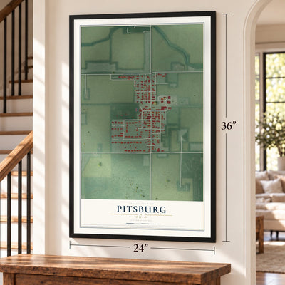 Pitsburg, Ohio map, 24 x 36 inch print in a black frame by a staircase