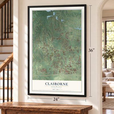 Claiborne, Louisiana map, 24 x 36 inch print in a black frame by a staircase