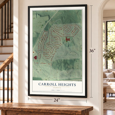 Carroll Heights, Georgia map, 24 x 36 inch print in a black frame by a staircase