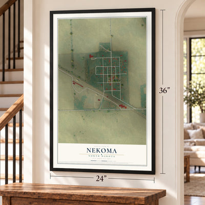 Nekoma, North Dakota map, 24 x 36 inch print in a black frame by a staircase