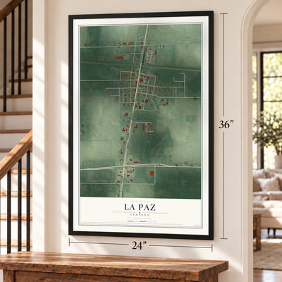 La Paz, Indiana map, 24 x 36 inch print in a black frame by a staircase