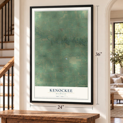 Kenockee, Michigan map, 24 x 36 inch print in a black frame by a staircase