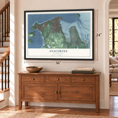 Anacortes, Washington map, 24 x 36 inch print in a black frame above a dresser by a staircase