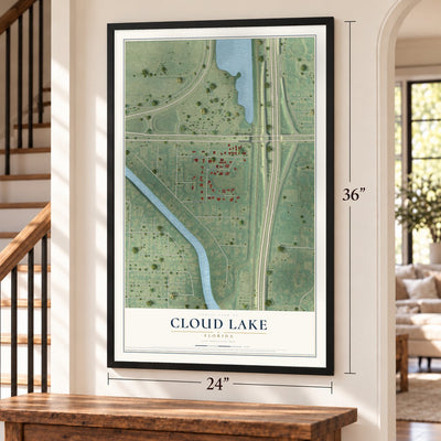 Cloud Lake, Florida map, 24 x 36 inch print in a black frame by a staircase