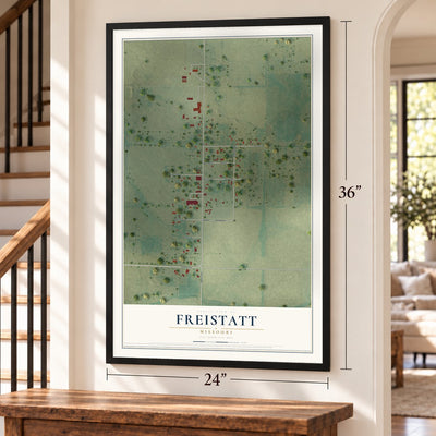 Freistatt, Missouri map, 24 x 36 inch print in a black frame by a staircase