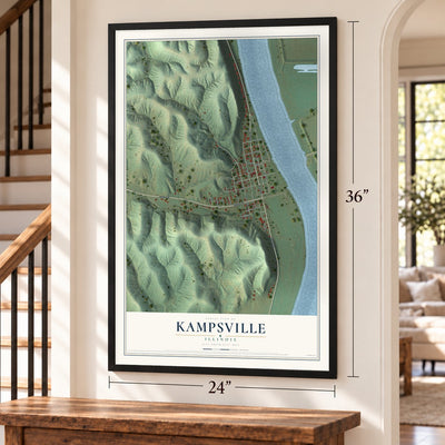 Kampsville, Illinois map, 24 x 36 inch print in a black frame by a staircase