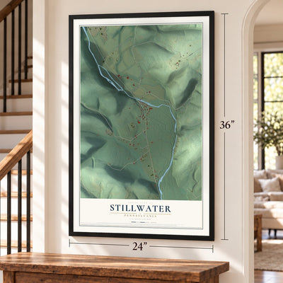 Stillwater, Pennsylvania map, 24 x 36 inch print in a black frame by a staircase