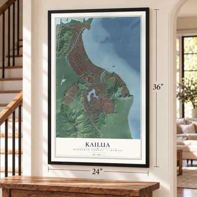 Kailua, Honolulu County, Hawaii map, 24 x 36 inch print in a black frame by a staircase