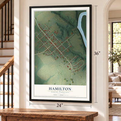 Hamilton, North Carolina map, 24 x 36 inch print in a black frame by a staircase
