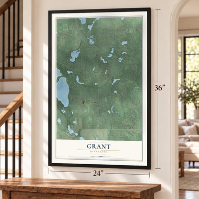 Grant, Minnesota map, 24 x 36 inch print in a black frame by a staircase