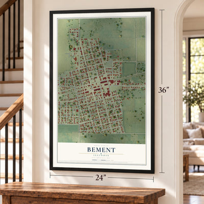 Bement, Illinois map, 24 x 36 inch print in a black frame by a staircase