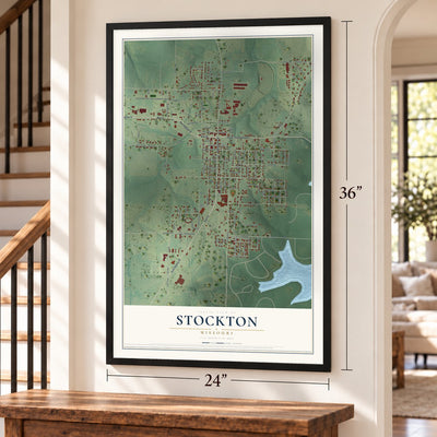 Stockton, Missouri map, 24 x 36 inch print in a black frame by a staircase