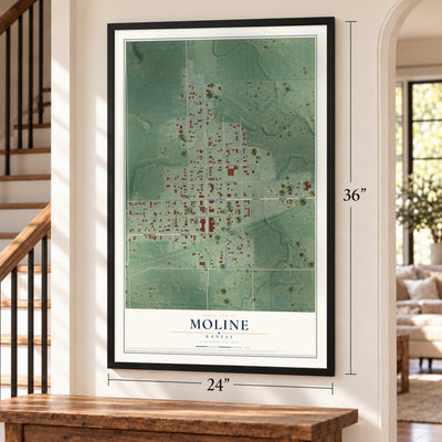 Moline, Kansas map, 24 x 36 inch print in a black frame by a staircase