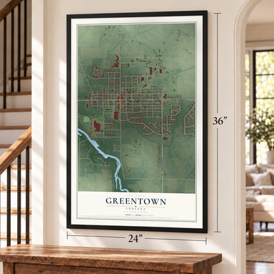 Greentown, Indiana map, 24 x 36 inch print in a black frame by a staircase