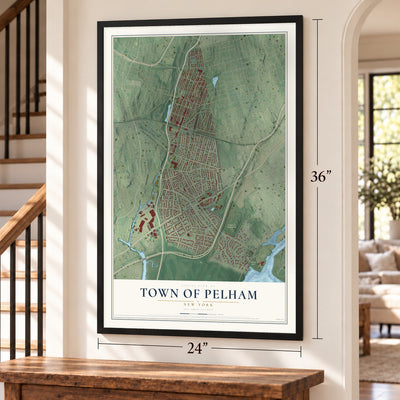Town of Pelham, New York map, 24 x 36 inch print in a black frame by a staircase