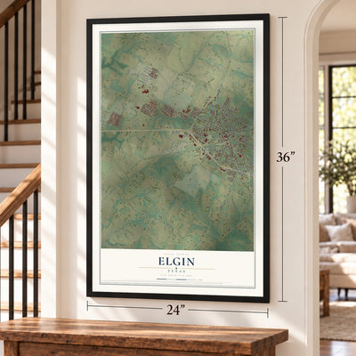 Elgin, Texas map, 24 x 36 inch print in a black frame by a staircase