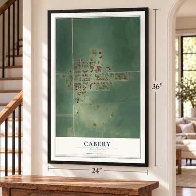 Cabery, Illinois map, 24 x 36 inch print in a black frame by a staircase