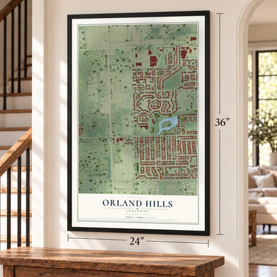 Orland Hills, Illinois map, 24 x 36 inch print in a black frame by a staircase