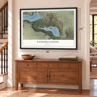 Ransom Canyon, Texas map, 24 x 36 inch print in a black frame above a dresser by a staircase