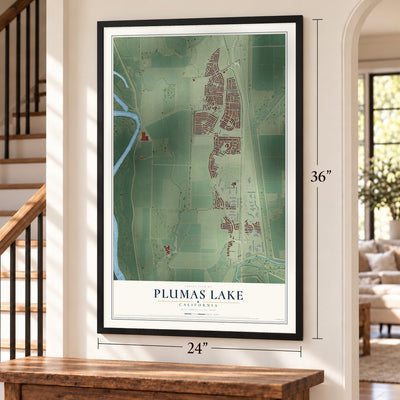 Plumas Lake, California map, 24 x 36 inch print in a black frame by a staircase