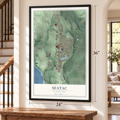 SeaTac, Washington map, 24 x 36 inch print in a black frame by a staircase